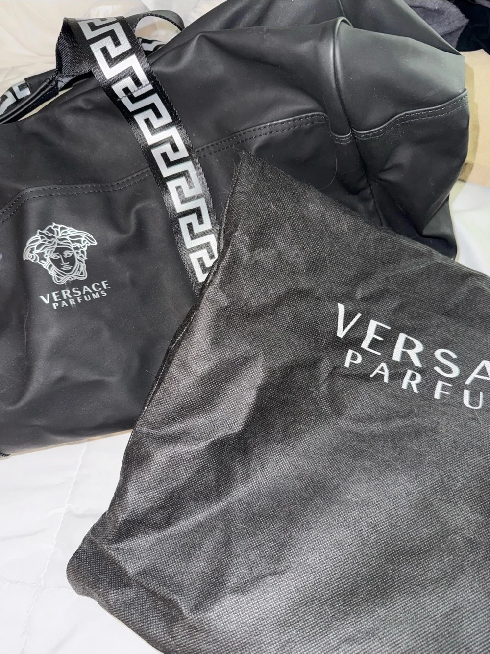 Versace Parfums Black Duffel with Greek Key Trim